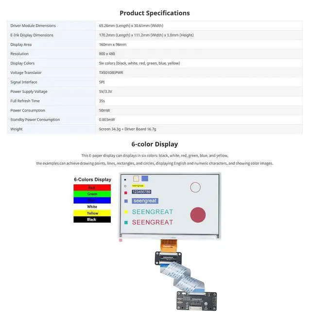 Alt view image 4 of 7 - 7.3inch Full Color E-Paper Display, E Ink Spectra 6 (E6), 800×480 SPI e-Ink Screen, Low Power, High Contrast, for Raspberry Pi, Arduino, Jetson, Shelf Labels, Price Tags