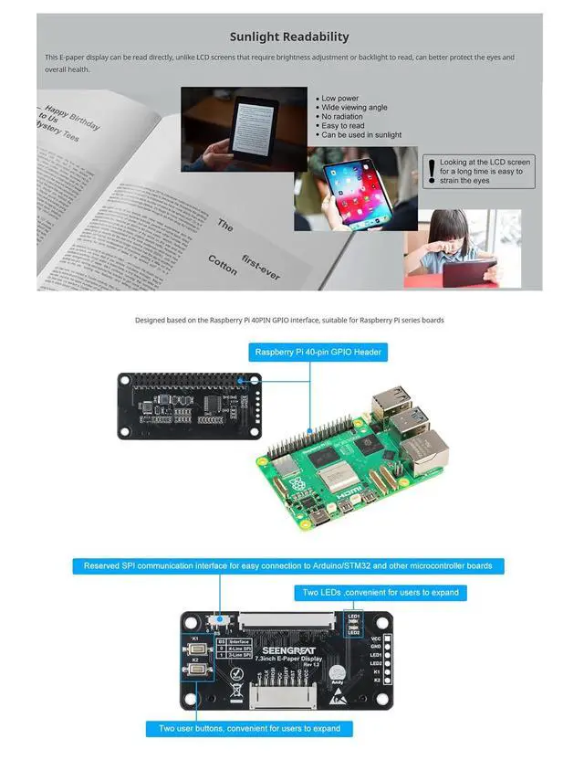Alt view image 5 of 7 - 7.3inch Full Color E-Paper Display, E Ink Spectra 6 (E6), 800×480 SPI e-Ink Screen, Low Power, High Contrast, for Raspberry Pi, Arduino, Jetson, Shelf Labels, Price Tags