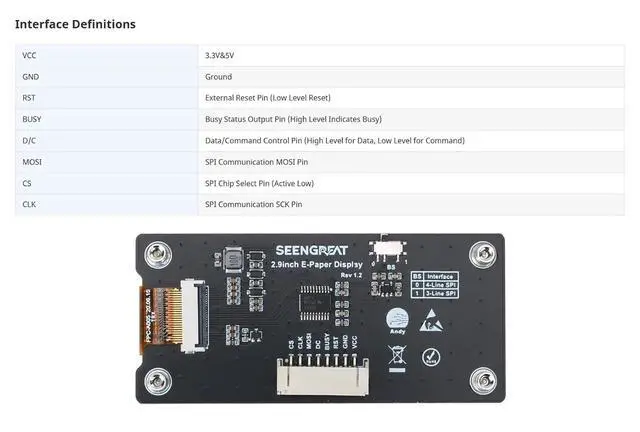 Alt view image 5 of 7 - 2.9 Inch E-Paper Display Monitor 296x128 Two Color E Ink Display for Raspberry Pi/Jetson Nano for Arduino Nucleo SPI Interface Epaper Screen Partial Refresh Support