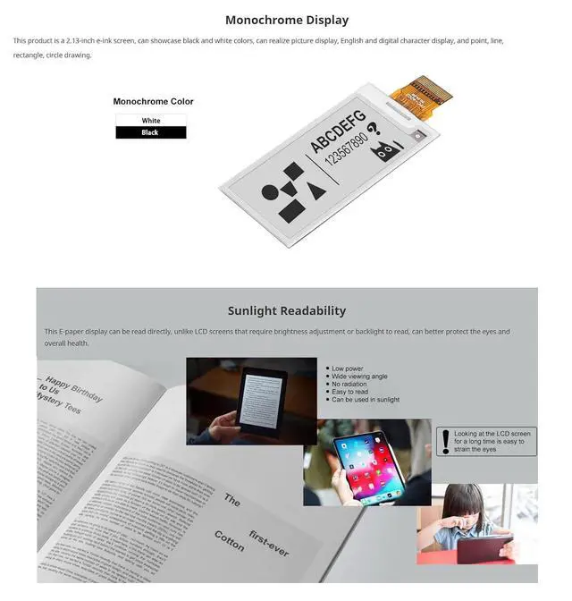 Alt view image 5 of 7 - 2.13-inch E-Ink Display Screen, 250x122 Resolution, SPI Interface, Ideal for Arduino/Raspberry Pi, Shelf Labels, Industrial Instruments, Digital Signboards