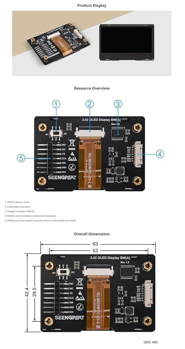 Alt view image 6 of 6 - 2.42inch OLED Display Module - 128x64 Resolution, SPI/I2C Communication, Compatible with Raspberry Pi, Arduino, SSD1309 Driver Chip with Metal Case (Green)