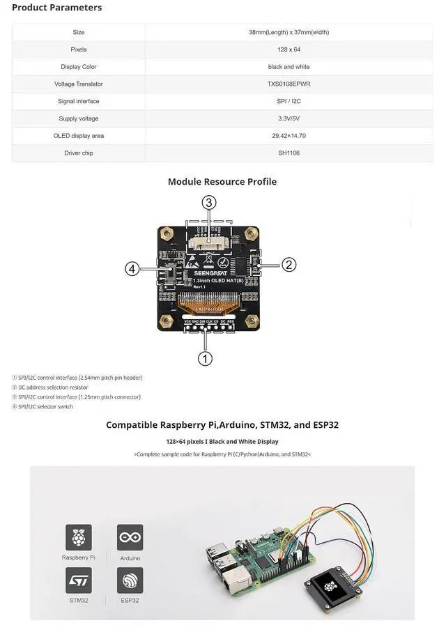 Alt view image 5 of 7 - 1.3 Inch OLED Display Module 128x64 SPI I2C SH1106 OLED Screen Compatible with Raspberry Pi for Arduino STM32 ESP32, 3.3V/5V MCU, Black White OLED Development Board