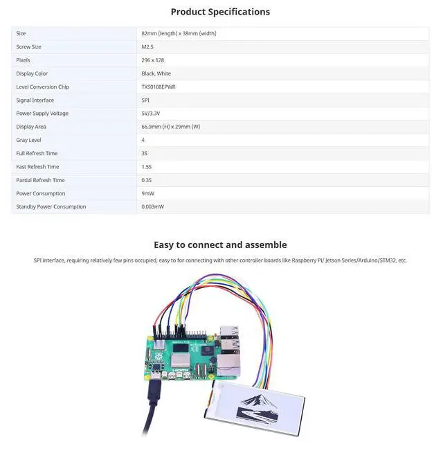 Alt view image 6 of 7 - 2.9inch E-Ink Display Module HAT, 296x128 Resolution, SPI Interface, Fits Raspberry Pi/Arduino/STM32, Low Power Consumption, Open-Source Demo Codes Included,Supports Partial Refresh