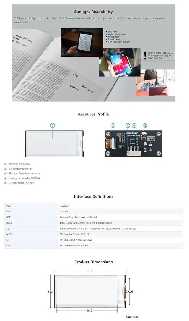 Alt view image 7 of 7 - 2.9inch E-Ink Display Module HAT, 296x128 Resolution, SPI Interface, Fits Raspberry Pi/Arduino/STM32, Low Power Consumption, Open-Source Demo Codes Included,Supports Partial Refresh