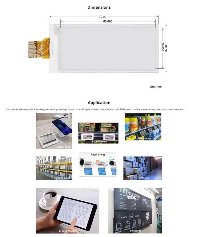 Alt view image 7 of 7 - 2.9-Inch E-Paper Display Monochrome Raw E-Ink Screen Fits Raspberry Pi, Compatible with Arduino, Low Power Shelf Labels, Industrial Instruments, Digital Signage, and Electronic Price Tags