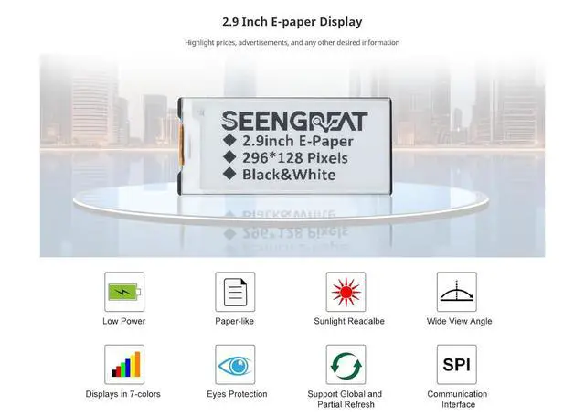 Alt view image 5 of 7 - 2.9inch E-Ink Display Module HAT, 296x128 Resolution, SPI Interface, Fits Raspberry Pi/Arduino/STM32, Low Power Consumption, Open-Source Demo Codes Included,Supports Partial Refresh