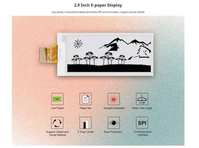Alt view image 4 of 7 - 2.9-Inch E-Paper Display Monochrome Raw E-Ink Screen Fits Raspberry Pi, Compatible with Arduino, Low Power Shelf Labels, Industrial Instruments, Digital Signage, and Electronic Price Tags