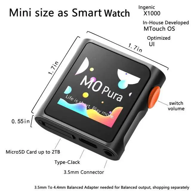 Alt view image 2 of 7 - M0 Pura HiFi Music Player,Hi-Res MP3 Player,DAC/AMP, Upgraded from M0 Pro, 2X CS43131 DAC,LDAC/SBC/AAC,Bluetooth,APP Control,MTouch OS,3.5mm/Type-C Jack,84kHz /32bit,250mW@32 (Berry Purple)