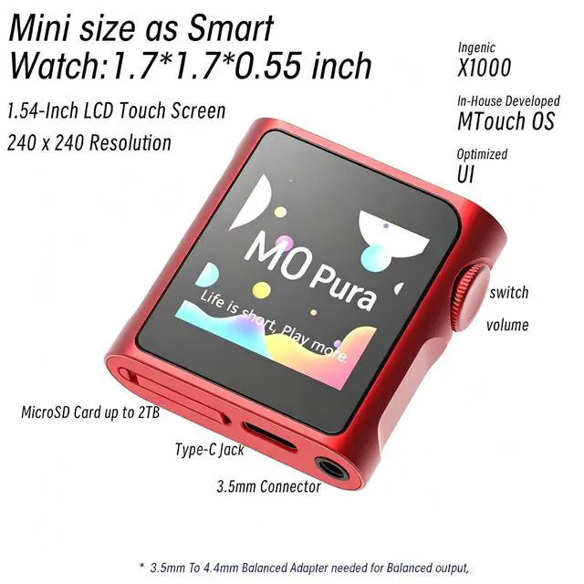 Alt view image 2 of 7 - Hi-Res Portable MP3 Player, M0 Pro Bluetooth Music Player, Support USB Type-C 3.5mm Jack, 1.54" HD Touch Screen, 8-Hour Long Lasting Battery, Compact Digital Audio Player, Red