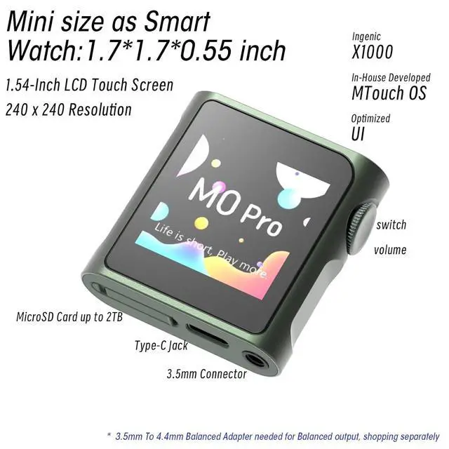 Alt view image 2 of 7 - M0 Pro MP3 Player with BluetoothHi-Res Portable Music PlayerDigital Audio Player 1.54 HD Touch Screen up to 10 Hour Battery Bluetooth and USB Type-C dongle 3.5mm Jacks
