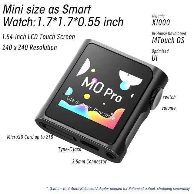 Alt view image 2 of 7 - M0 Pro MP3 Player 2in1 Headphone DAC Amp Bluetooth App Control, 1.7 * 1.7inch Mini Digital Audio Player HD Touch Screen, Support to 2TB, USB Type-C 3.5mm Jacks,Volume Konb