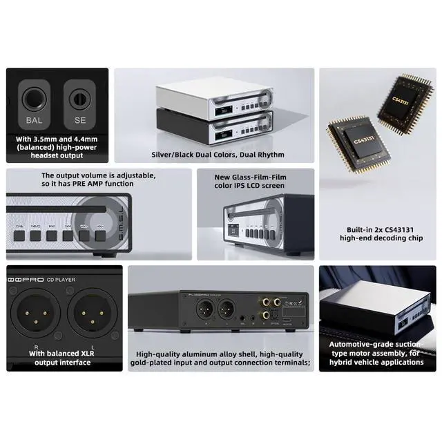 Alt view image 3 of 7 - PL100PRO CD Player 2*CS43131 High-End DAC Chips RCA/Optical/Coaxial/XLR Balanced /3.5mm&4.4mm Headphone Output 200mW 32, Lossless MQA Playback, CD-R/CD-RW/MP3 Disc with Remote Control (Black)