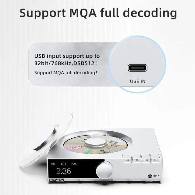 Alt view image 5 of 7 - PL200T MQA-CD Reference Digital Transport Triple Power Modes, Anti-Vibration Precision 32bit/768kHz DSD512 Clock Input and Output 44.1kHz/10MHz MQA Full Decoding CD Player with Remote Control