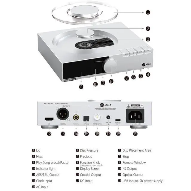 Alt view image 6 of 7 - PL200T MQA-CD Reference Digital Transport Triple Power Modes, Anti-Vibration Precision 32bit/768kHz DSD512 Clock Input and Output 44.1kHz/10MHz MQA Full Decoding CD Player with Remote Control