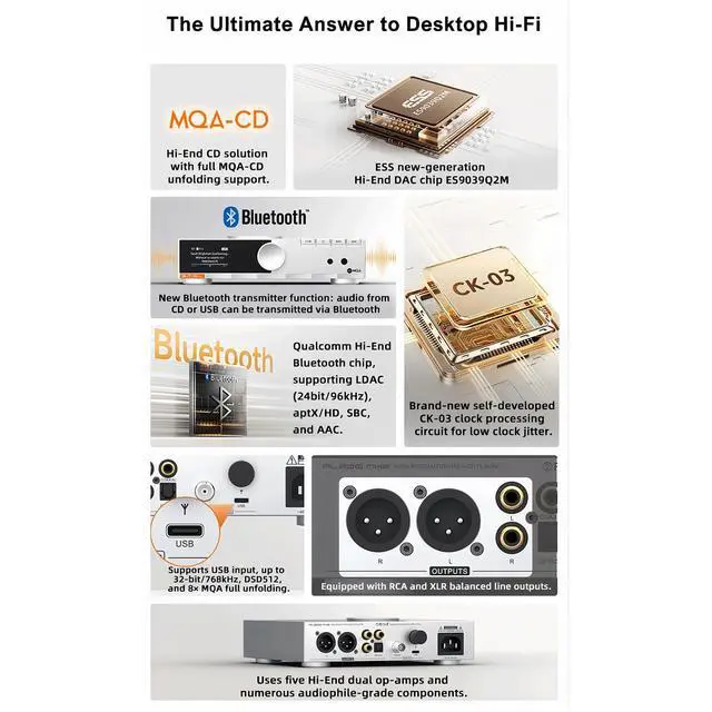 Alt view image 3 of 7 - PL200 MK2 MQA-CD Player,All-in-One CD Player, DAC & HP AMP, Hi-End DAC chip ES9039Q2M, Bluetooth transmitter, Seamless Playback,32-bit/768kHz DSD512,USB/BT/CD input, RCA/XLR/HP/COAX/OPT/BT output