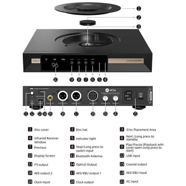 Alt view image 6 of 6 - V.M.V T2 MQA-CD Player Hi-Res USB DAC High-End Bluetooth Digital Signal Clock Re-Lay, Hi-End Class CD Program Flagship DAC, Clock Input and Output, 32bit/768kHz DSD512 with Remote Control