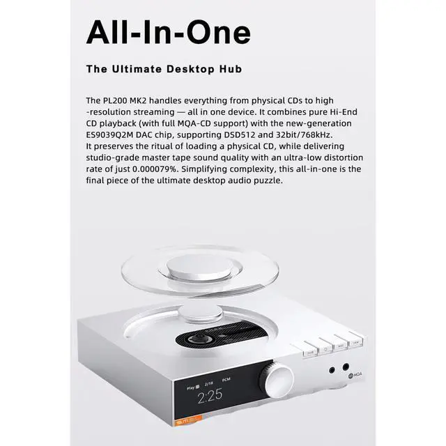 Alt view image 4 of 7 - PL200 MK2 MQA-CD Player,All-in-One CD Player, DAC & HP AMP, Hi-End DAC chip ES9039Q2M, Bluetooth transmitter, Seamless Playback,32-bit/768kHz DSD512,USB/BT/CD input, RCA/XLR/HP/COAX/OPT/BT output