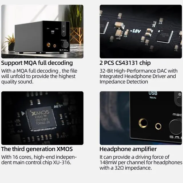 Alt view image 7 of 7 - Upgraded M300SE HiFi Headphone Amplifier, 2PCS of CS43131 MQA Audio DAC, USB/Optical/Coaxial/Bluetooth Input DSD MQA XMOS Balanced XLR Output THD+N 0.00013% with Remote Control