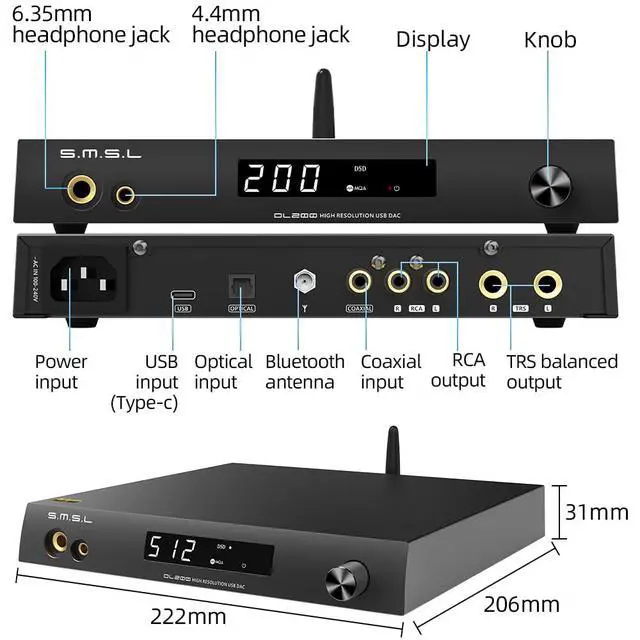 Alt view image 4 of 6 - DL200 Audio Headphone Amplifier ES9039Q2M Chip High-end MQA XMOS PCM768kHz/32bit DSD512 USB/Optical/Coaxial/Bluetooth Input THD+N 0.00006% with Remote Control