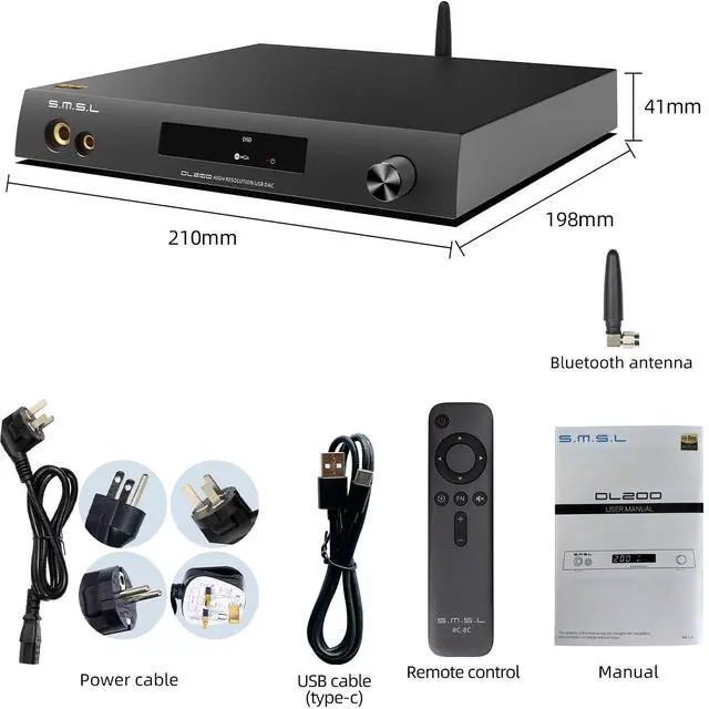 Alt view image 6 of 6 - DL200 Audio Headphone Amplifier ES9039Q2M Chip High-end MQA XMOS PCM768kHz/32bit DSD512 USB/Optical/Coaxial/Bluetooth Input THD+N 0.00006% with Remote Control