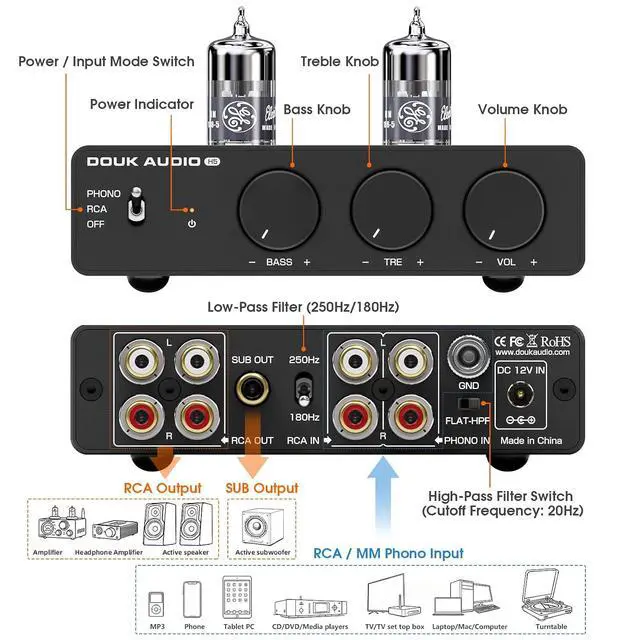 Alt view image 7 of 7 - Tube Preamp MM Phono Stage HiFi Stereo Preamplifier w/Low Pass Filter, SUB Out
