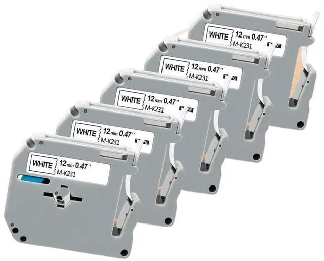 Main image of 5PK M-K231 12mm Black On White M Label Tape Compatible with Label Printer PT60 PT70 PT80 M95 Fits MK231 MK-231 Models