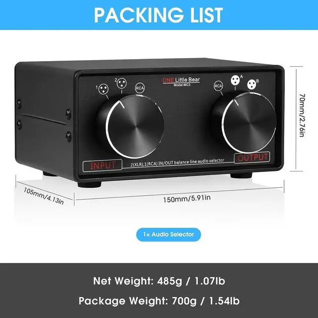 Alt view image 5 of 7 - Little Bear MC3 3-IN-3-OUT XLR Balanced/RCA Stereo Converter Audio Selector Splitter Box Passive Preamp XLR to RCA Audio Switch (XLR & RCA)