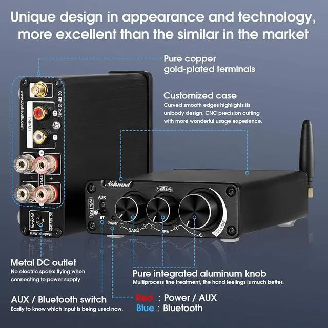 Alt view image 5 of 7 - NS-15G 2 Channel Bluetooth Power Amplifier 200W Class D Digital Audio Amp for Speakers, Home Theater, with Treble Bass Tone Control