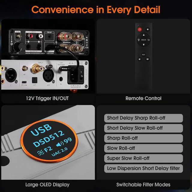 Alt view image 7 of 7 - Q100 Balanced DAC: AK4499EX & AK4191 Hi-Res DAC (PCM 768kHz/32-bit & DSD512) - Bluetooth 5.1 LDAC - XLR/RCA Outputs for Audiophiles & Studio Use