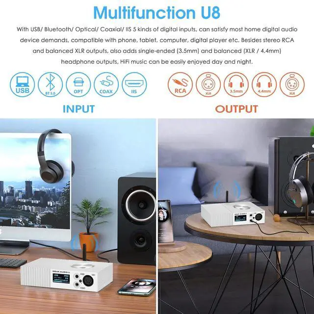 Alt view image 2 of 7 - U8 HiFi Dual ES9038Q2M Bluetooth 5.0 Balanced DAC XMOS USB Decoder, Supports DSD512, LDAC, and 32Bit/768kHz for Home Audio and Studio Use