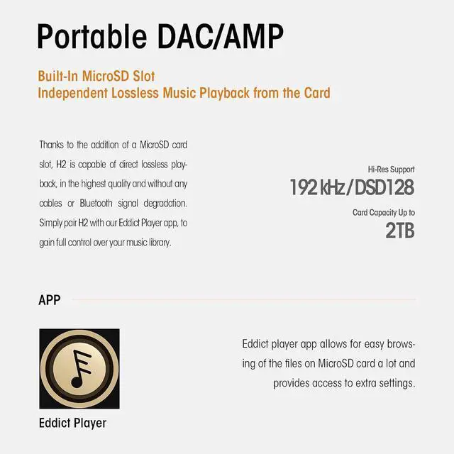 Alt view image 6 of 7 - H2 2in1 Audio Player/Portable DAC, Desktop Headphone Amp,Bluetooth 5.0/LDAC,10.5Hours+ for Music Time,HiFi Res Certificated,Anodized Aluminum with LED Lights,Up to 2TB Capacity