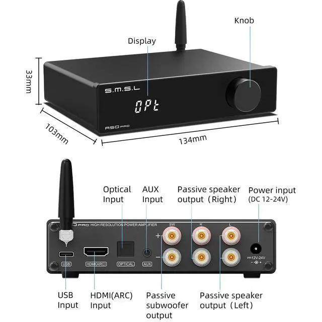 Alt view image 6 of 7 - A50 PRO HiFi Power Amplifier, High/Low pass filter 2.1-Channel, Infineon's MA12070P Chip, Bluetooth 5.0/USB/Optical/HDMI/AUX input Passive subwoofer with adjustable volume, with Remote Control