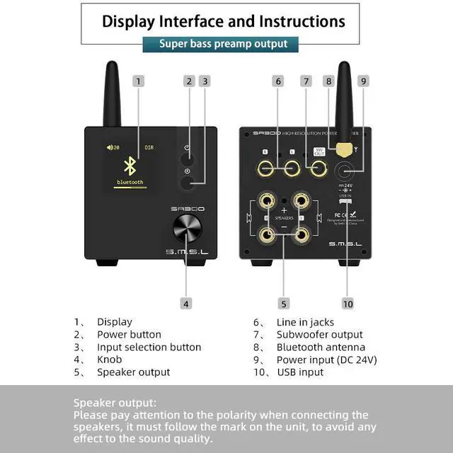 Alt view image 3 of 7 - SA300 HiFi Digital Amplifier, Infineon's MA12070 Chip Class D Power Amp, RCA USB Bluetooth 5.0 APTX Input, Multiple EQ Modes with Remote Control (Black)