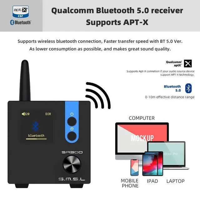 Alt view image 5 of 7 - SA300 HiFi Digital Amplifier, Infineon's MA12070 Chip Class D Power Amp, RCA USB Bluetooth 5.0 APTX Input, Multiple EQ Modes with Remote Control (Black)