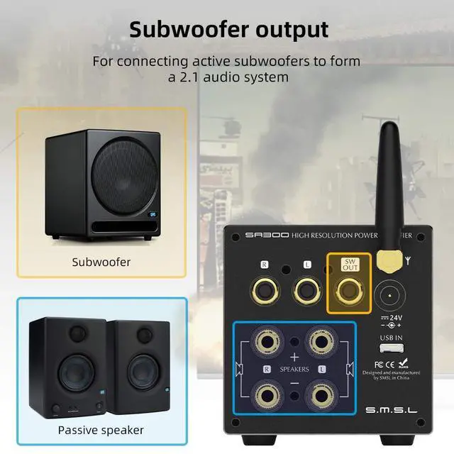 Alt view image 6 of 7 - SA300 HiFi Digital Amplifier, Infineon's MA12070 Chip Class D Power Amp, RCA USB Bluetooth 5.0 APTX Input, Multiple EQ Modes with Remote Control (Black)