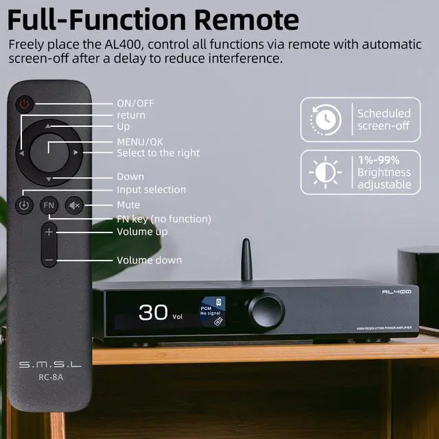 Alt view image 6 of 7 - AL400 All-in-One Hi-Fi Decoder/Preamp/Phono Power Amp TPA3255 amp & CS43141 dac chip Full MQA, MM & MC Cartridge HDMI(eARC),for TV Home theater Subwoofer Desktop Bookshelf passive speakers(Black)
