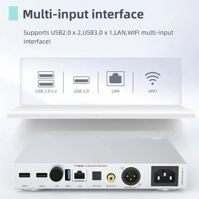 Alt view image 3 of 6 - N100 Hi-Res Network Streamer New DAC chip Supports Connect VOLUMIO Tidal and QOBUZ Output Optical/Coaxial/AES/EBU/USB, Input USB2.0/USB3.0/ LAN/WiFi, Home Theater Audio Stereo System Streamer