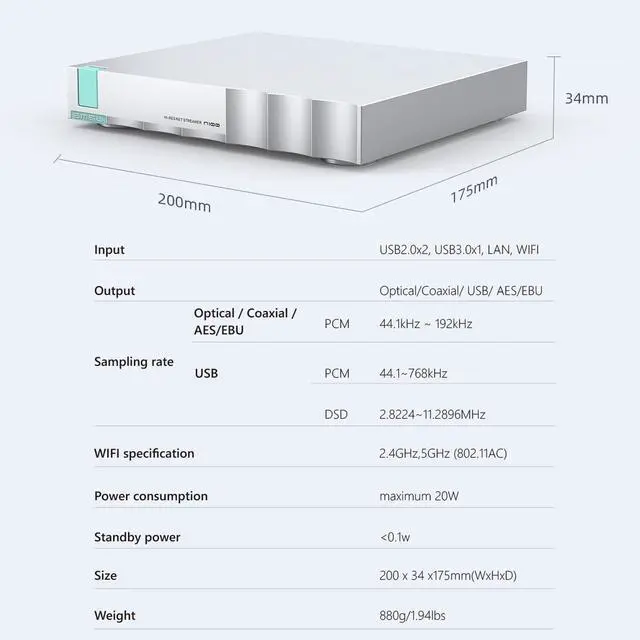 Alt view image 5 of 6 - N100 Hi-Res Network Streamer New DAC chip Supports Connect VOLUMIO Tidal and QOBUZ Output Optical/Coaxial/AES/EBU/USB, Input USB2.0/USB3.0/ LAN/WiFi, Home Theater Audio Stereo System Streamer