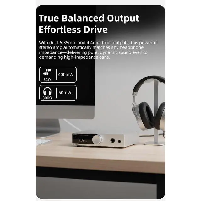 Alt view image 5 of 7 - D100 Desktop DAC Headphone Amp, ES9081 Chip,True Balanced Audio Interface for Home Stereo,MQA,32-Bit/768kHz DSD512,32-600 headphones,USB/Optical/Coaxial Inputs,4.4mm & 6.35mm/RCA Outputs (Black)