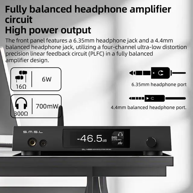 Alt view image 2 of 7 - DL400 Audio DAC & Headphone Amplifier DSD 256 PCM 32bit/768kHz 323000mW*2 Balanced Headphone Amplifier RCA/XLR/6.35mm&4.4mm Headphone Output with Remote Control, Hi-Fi Audio Stereo Receiver