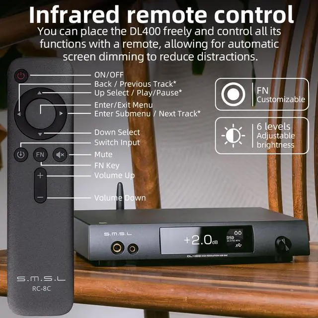 Alt view image 6 of 7 - DL400 Audio DAC & Headphone Amplifier DSD 256 PCM 32bit/768kHz 323000mW*2 Balanced Headphone Amplifier RCA/XLR/6.35mm&4.4mm Headphone Output with Remote Control, Hi-Fi Audio Stereo Receiver