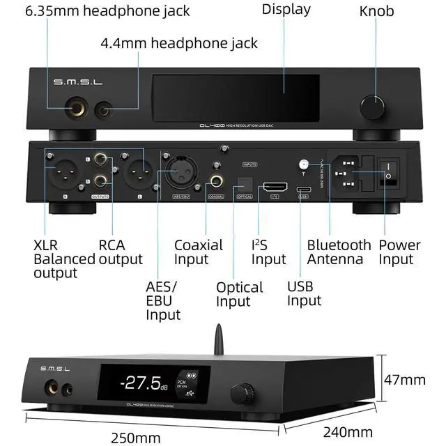 Alt view image 7 of 7 - DL400 Audio DAC & Headphone Amplifier DSD 256 PCM 32bit/768kHz 323000mW*2 Balanced Headphone Amplifier RCA/XLR/6.35mm&4.4mm Headphone Output with Remote Control, Hi-Fi Audio Stereo Receiver