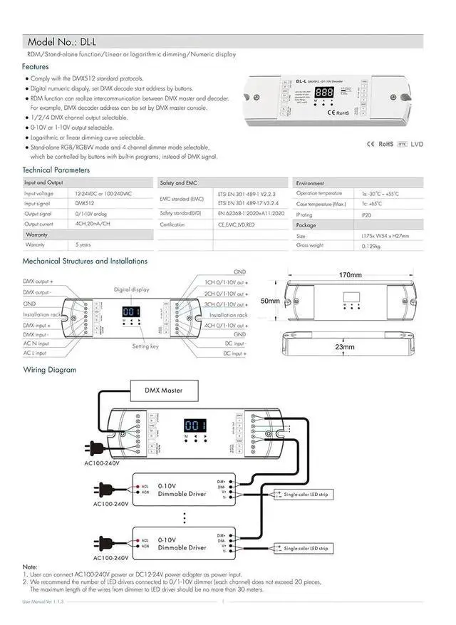 Alt view image 2 of 2 - DL DL-L DMX512 to 4CH 0-10V 1-10V decoder DMX512 Signal Converter 0-10V dimmer DMX 512 Signal to 0-10V(DL-L Only)