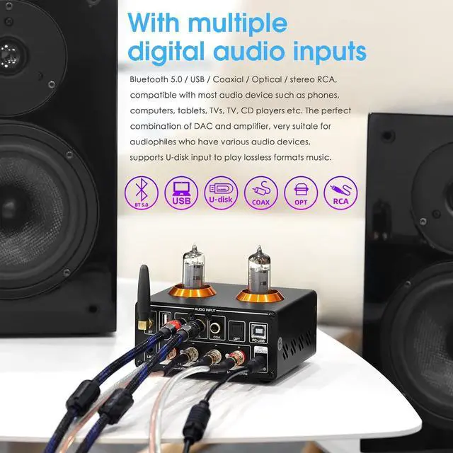 Alt view image 5 of 7 - ST-01 PRO 200W Bluetooth Tube Amplifier with Matched Pair GE JAN 5654W Vacuum Tubes - HiFi Stereo Power Amp Combo with USB DAC, VU Meter, Digital Inputs, and Tone Controls (Upgrade Set)