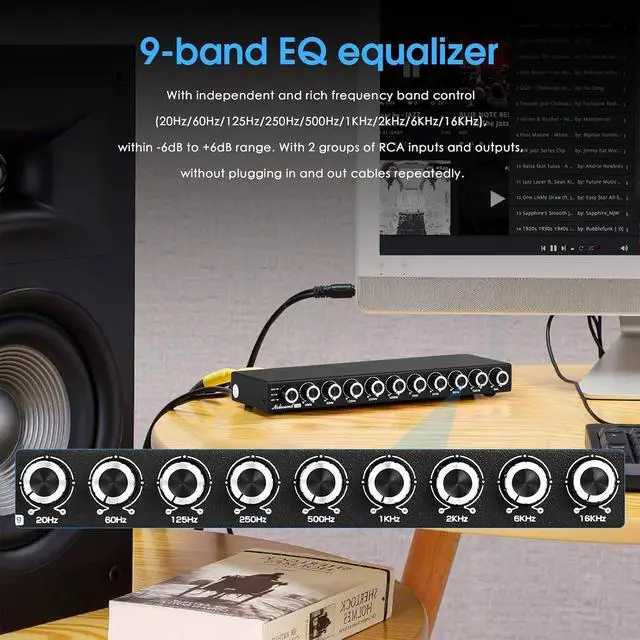 Alt view image 2 of 7 - 9-Band Stereo EQ Preamp: HiFi Equalizer Audio Processor with Tone Controls | 111dB SNR | 0.001% THD | 2 RCA in/Out | for Home Stereo Audiophiles (EQ9)