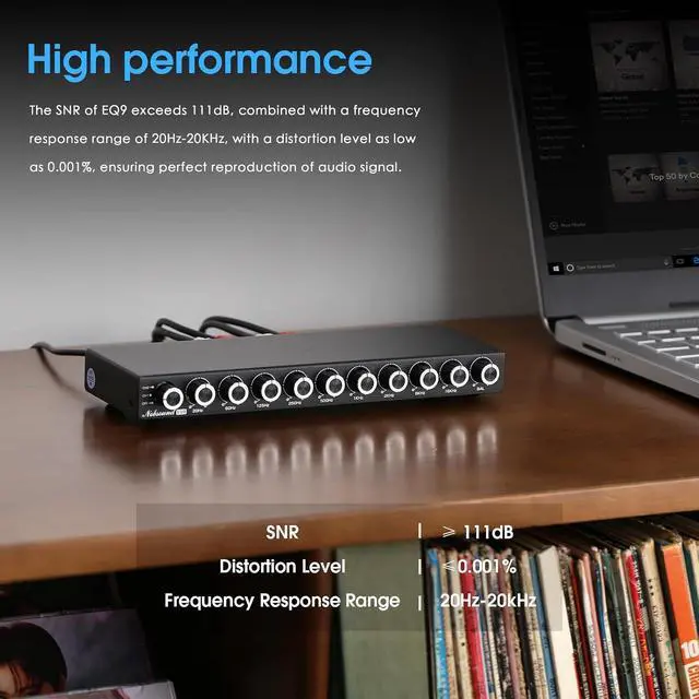 Alt view image 4 of 7 - 9-Band Stereo EQ Preamp: HiFi Equalizer Audio Processor with Tone Controls | 111dB SNR | 0.001% THD | 2 RCA in/Out | for Home Stereo Audiophiles (EQ9)