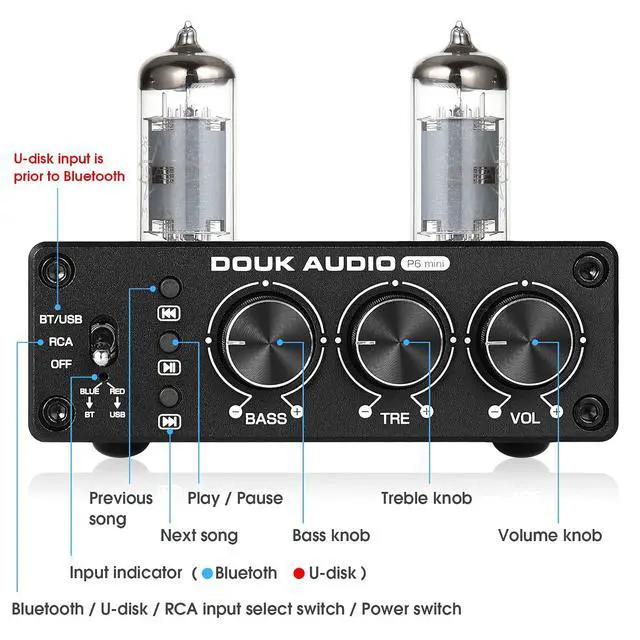 Alt view image 7 of 7 - P6 MINI HiFi Vacuum Tube Preamp Bluetooth Stereo Audio Pre-Amplifier Tone Control