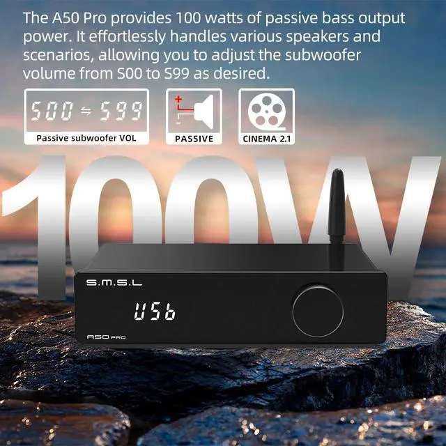 Alt view image 2 of 7 - A50 PRO HiFi Power Amplifier, High/Low pass filter 2.1-Channel, Infineon's MA12070P Chip, Bluetooth 5.0/USB/Optical/HDMI/AUX input Passive subwoofer with adjustable volume, with Remote Control