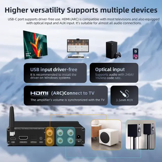 Alt view image 3 of 7 - A50 PRO HiFi Power Amplifier, High/Low pass filter 2.1-Channel, Infineon's MA12070P Chip, Bluetooth 5.0/USB/Optical/HDMI/AUX input Passive subwoofer with adjustable volume, with Remote Control