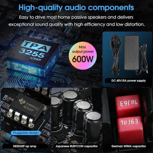 Alt view image 2 of 7 - Nobsound 300Wx2 Stereo Amplifier with Phono Input - HiFi Class D Mini Power Amp for Home Theater, Turntables, Studio Monitor | TPA3255 Chip, RCA/MM Inputs, Bass/Treble Control (NS-13G MAX DC 48V)